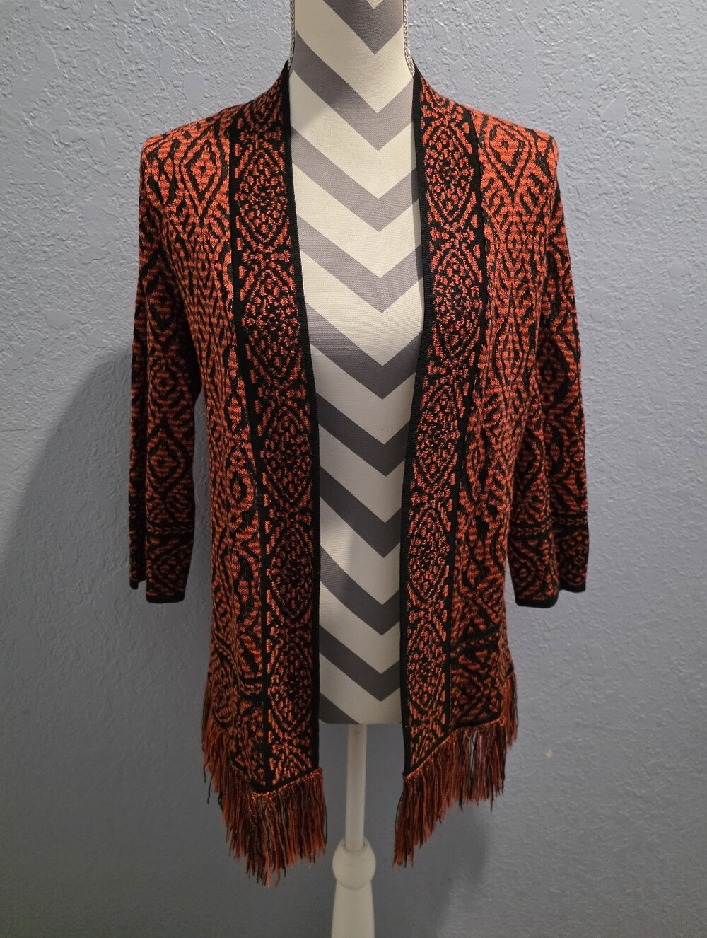 Ruby Rd. Orange and Black Open-Front Fringe Cardigan